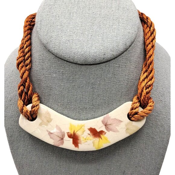 VIntage Jewelry Set Ceramic Choker Necklace & Bracelet Autumn Leaves Design - Picture 2 of 10